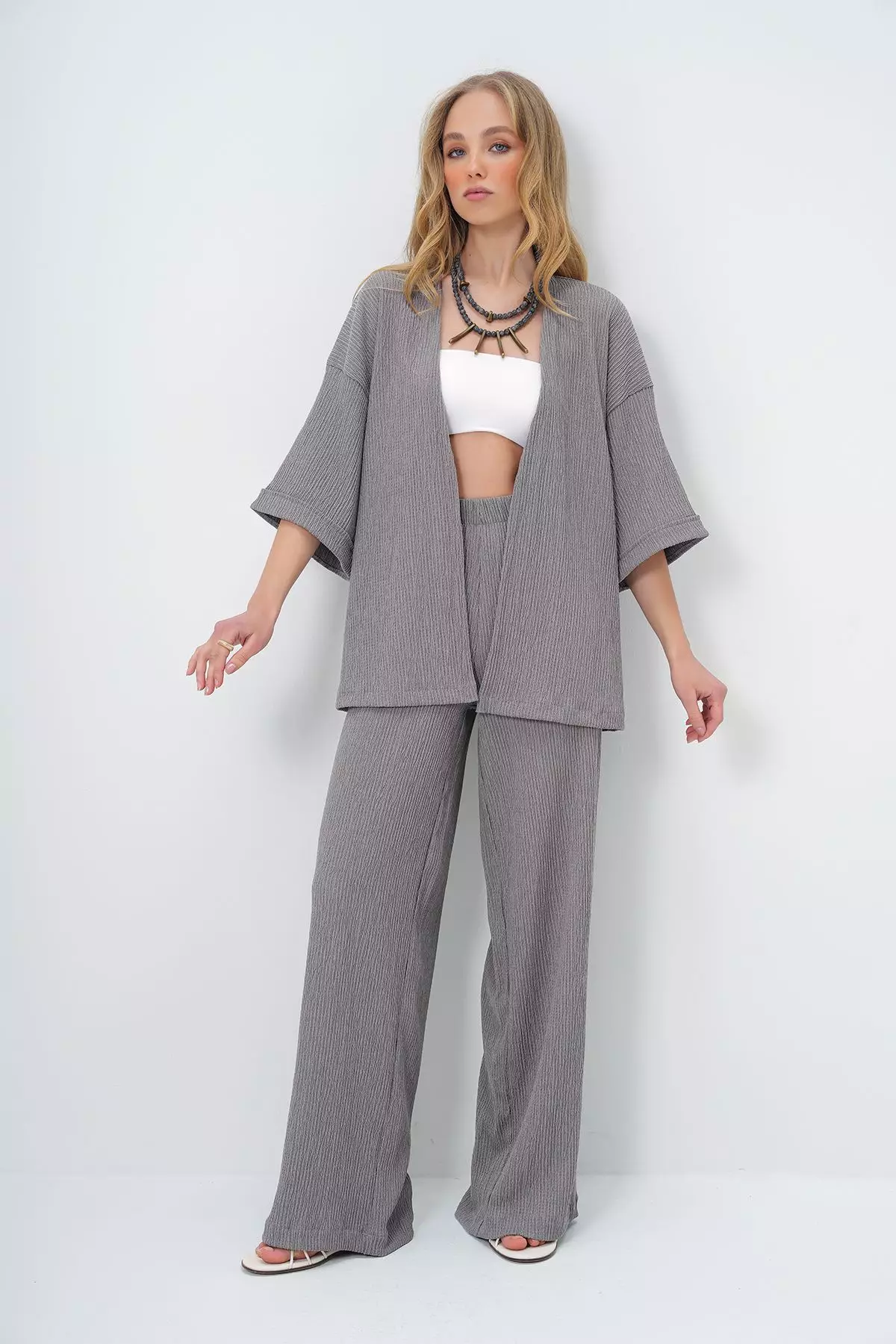 Women's Gray Double Sleeve Wrap Fabric Summer Kimono And Trouser Set