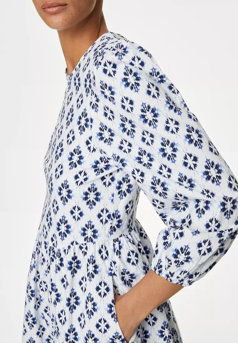 Cotton Rich Printed Midi Waisted Dress
