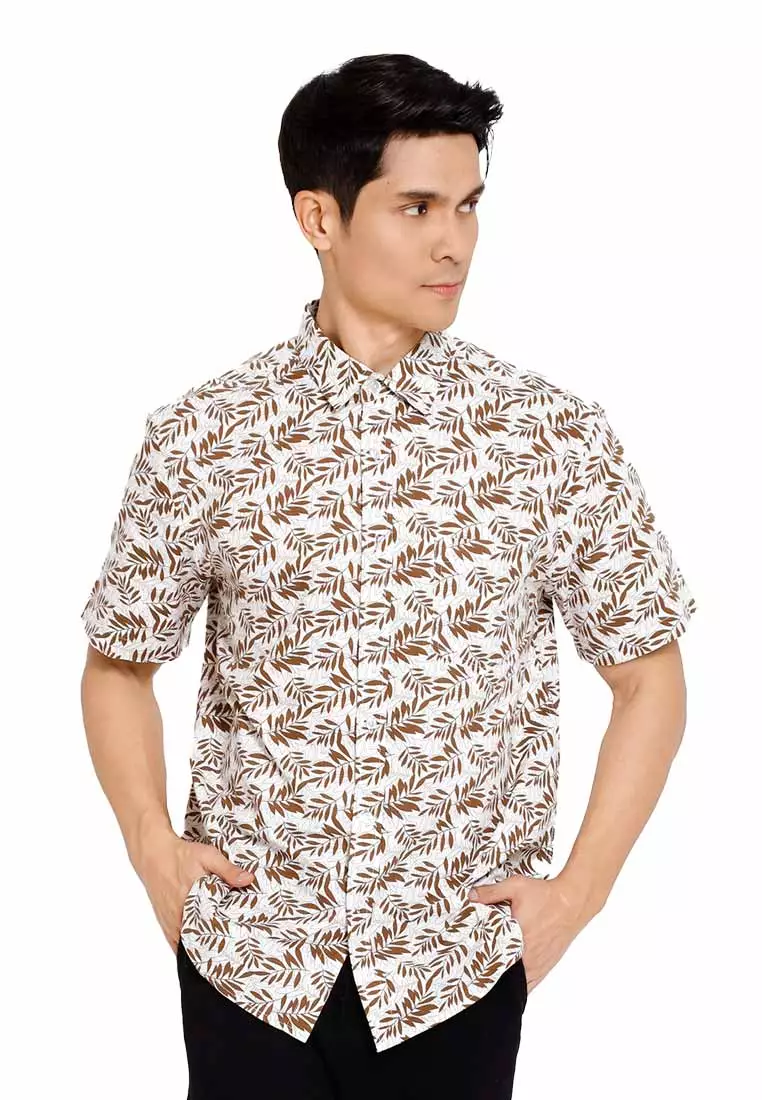 Forest Woven  Collar Full Floral Printed Short Sleeve Men Shirt | Baju Kemeja Lelaki - 621452-11Brown