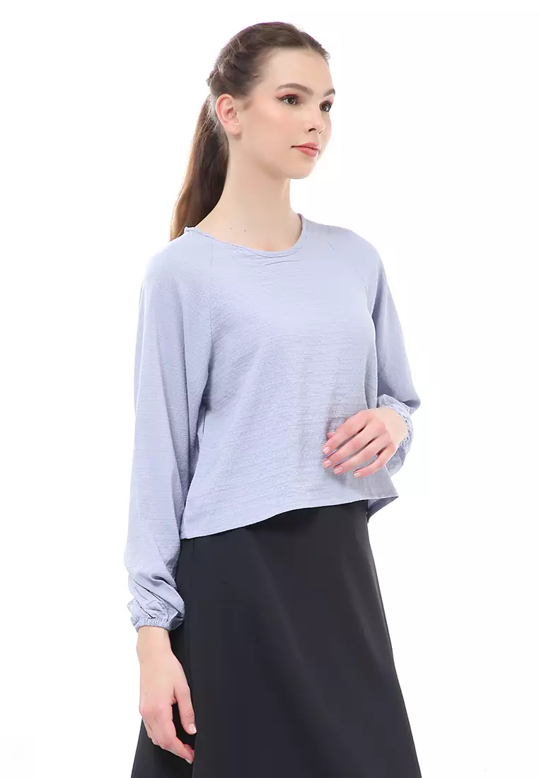 Albertine Blouse Atasan Wanita Lengan Panjang Desain Balon Material Crinkle ORIGINAL - Blue