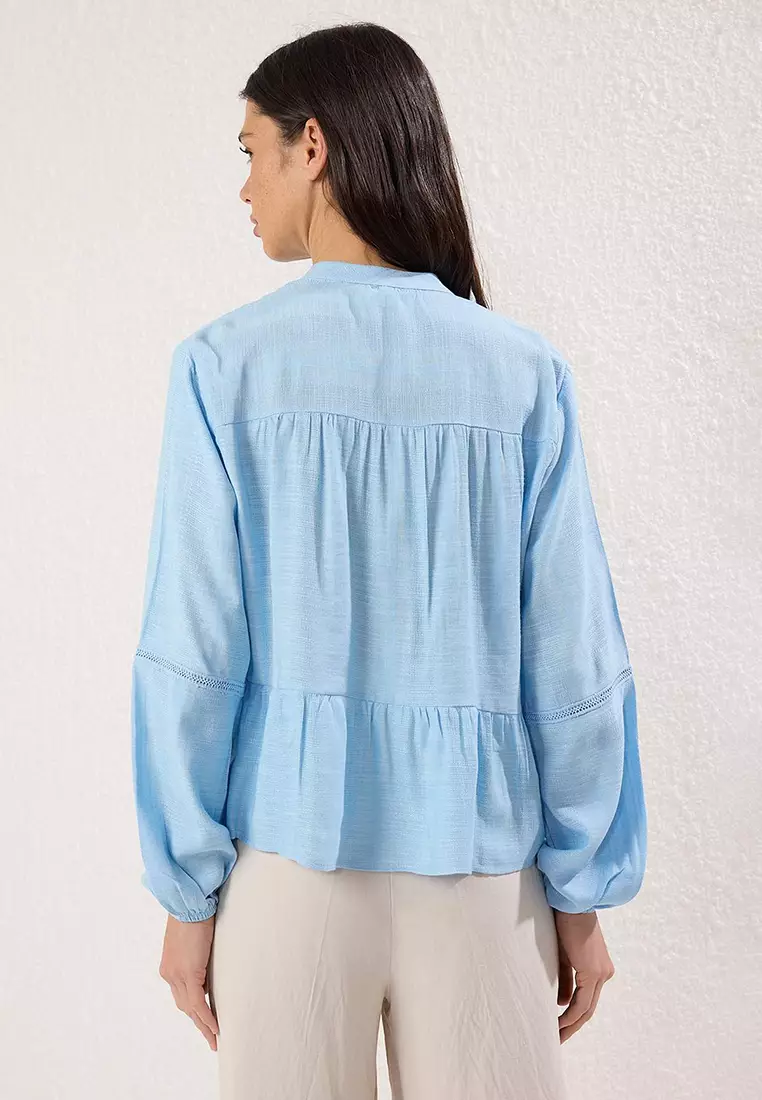 Light Blue Cotton Textured Lacy On Sleeve Regular Normal Fit Shirt