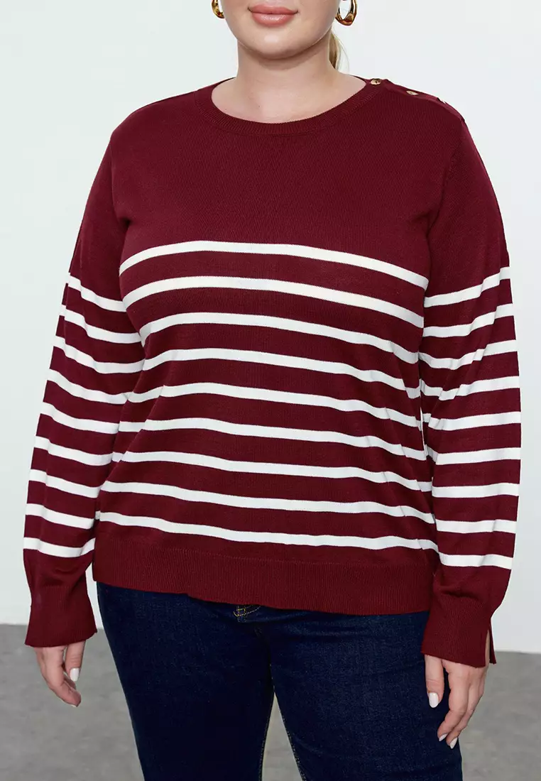 Burgundy Striped Crew Neck Knitwear Sweater Tbbaw23An00119