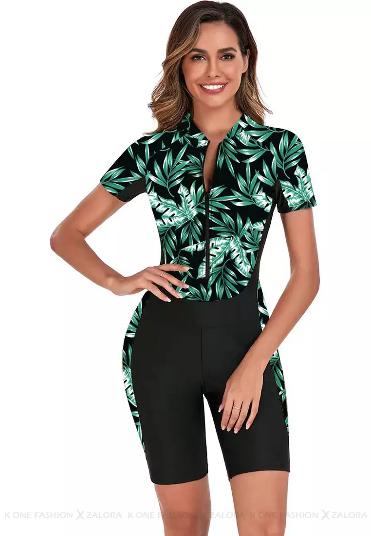 Surf Print Short Sleeve One Piece Swimsuit