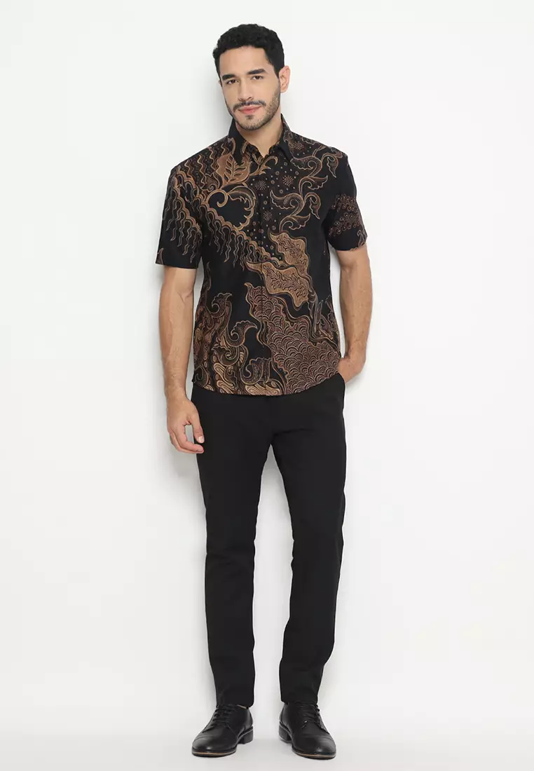 Kemeja Batik Pria Ganesha Lengan Pendek - Black/Brown