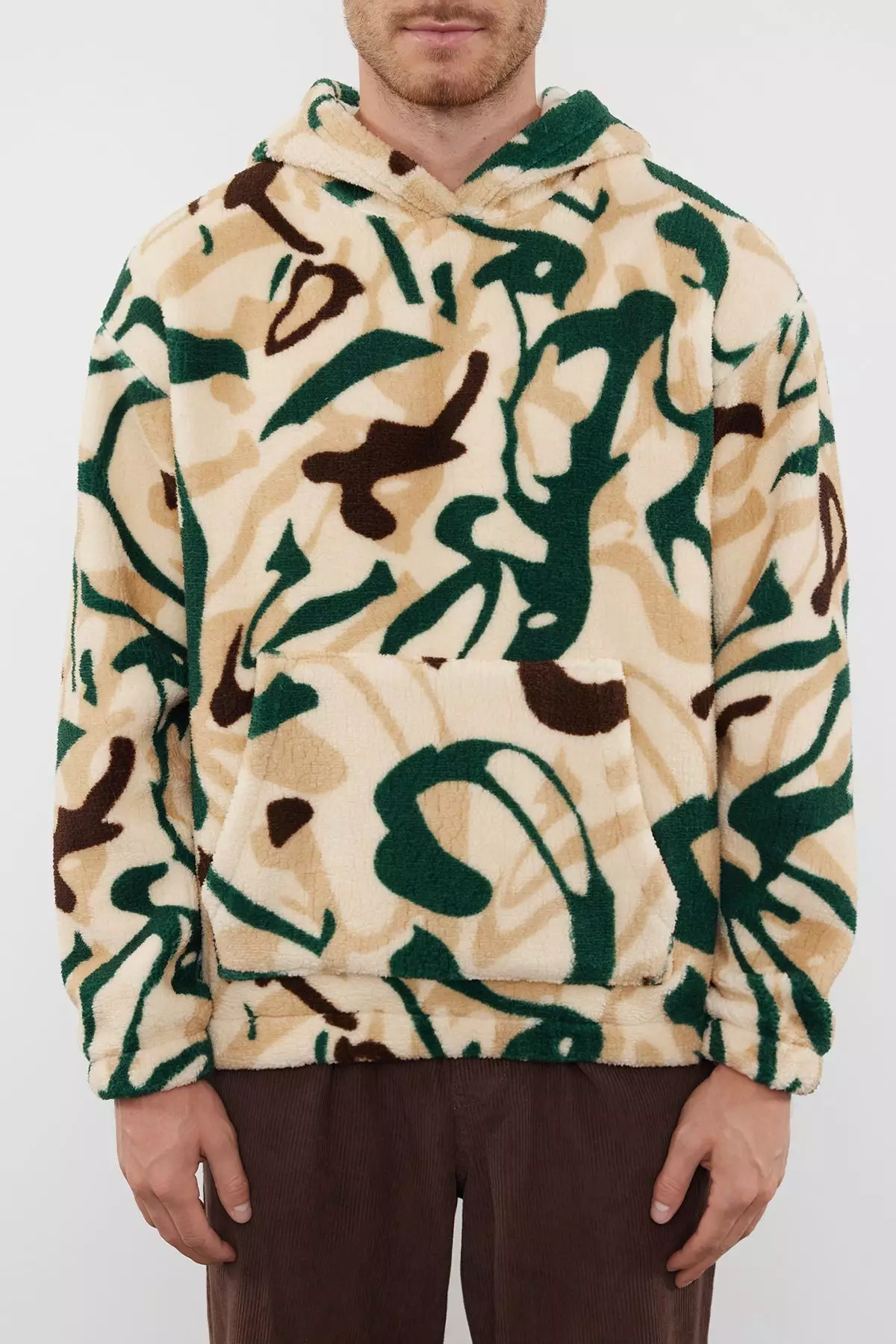 Multicolored Unisex Oversize/Wide Cut Patterned Sherpa Fleece/Plush Hooded Sweatshirt TMNAW25SW00147