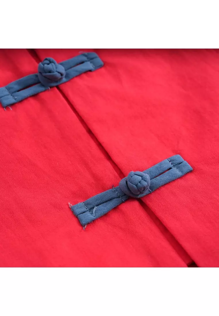 舞獅嬰兒裝兒童男童唐裝漢服套装紅色上衣與藍色短褲拜年服0838