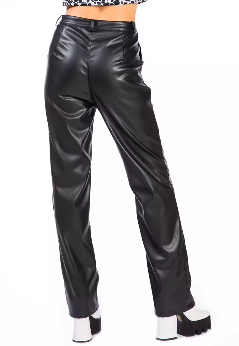 Black Faux Leather High Waist Straight Trousers