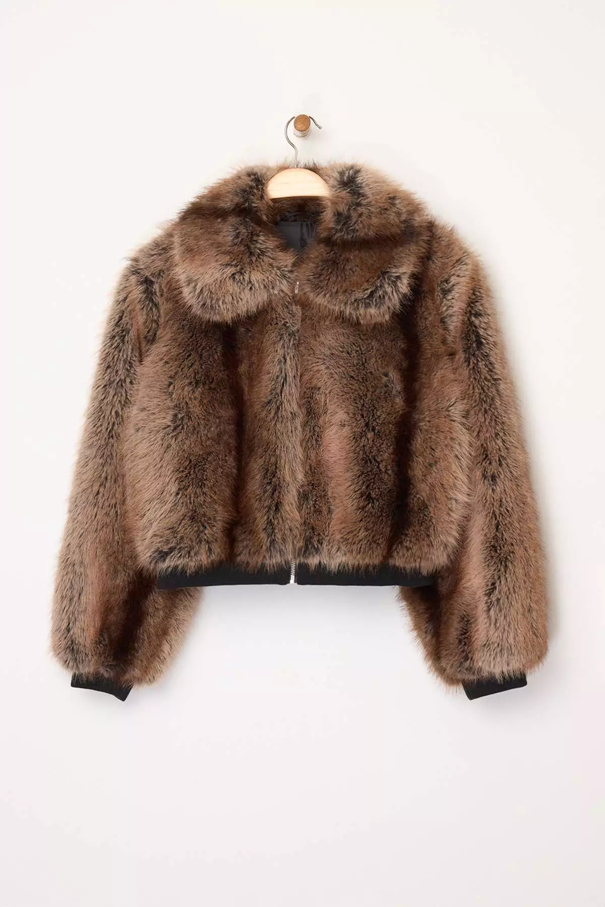 Brown Oversize Molded Elastic Detailed Bomber Fur Coat