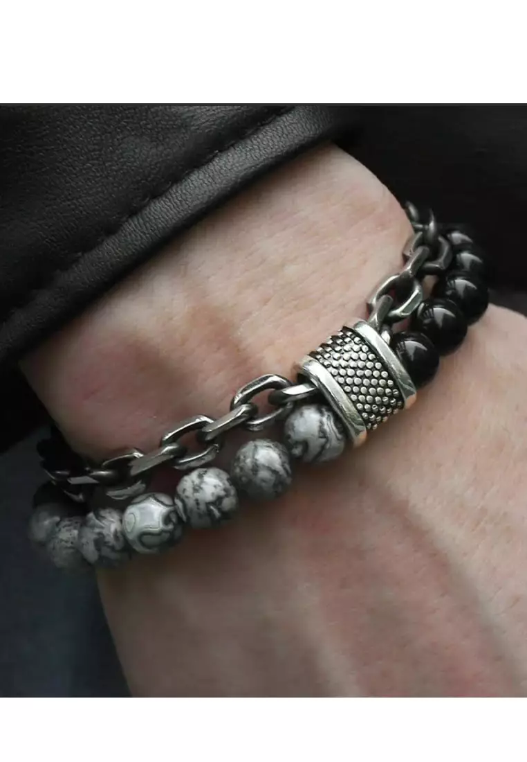 Aksesoris Gelang Pria Howlite Beaded Natural Stone Stainless Steel Chain Bracelet Black , Silver & Grey