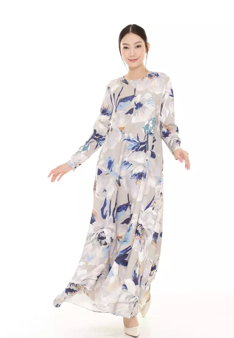 Felicia Printed Dress in Grey Blue