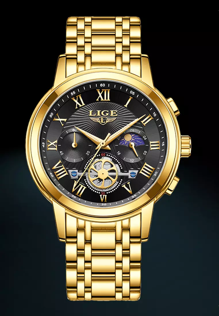 Unisex IP Gold Stainless Steel Quartz Watch on Metal Bracelet