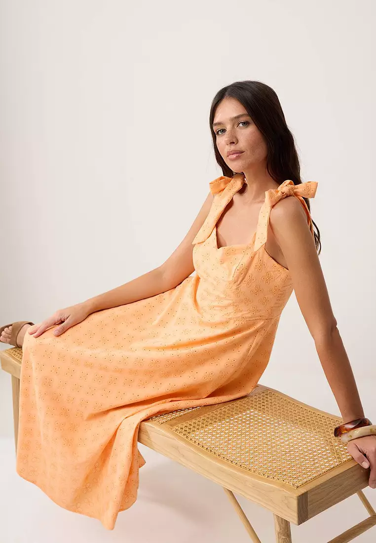 Salmon Straight Tie Detailed Maxi Woven Dress Twoss25El863