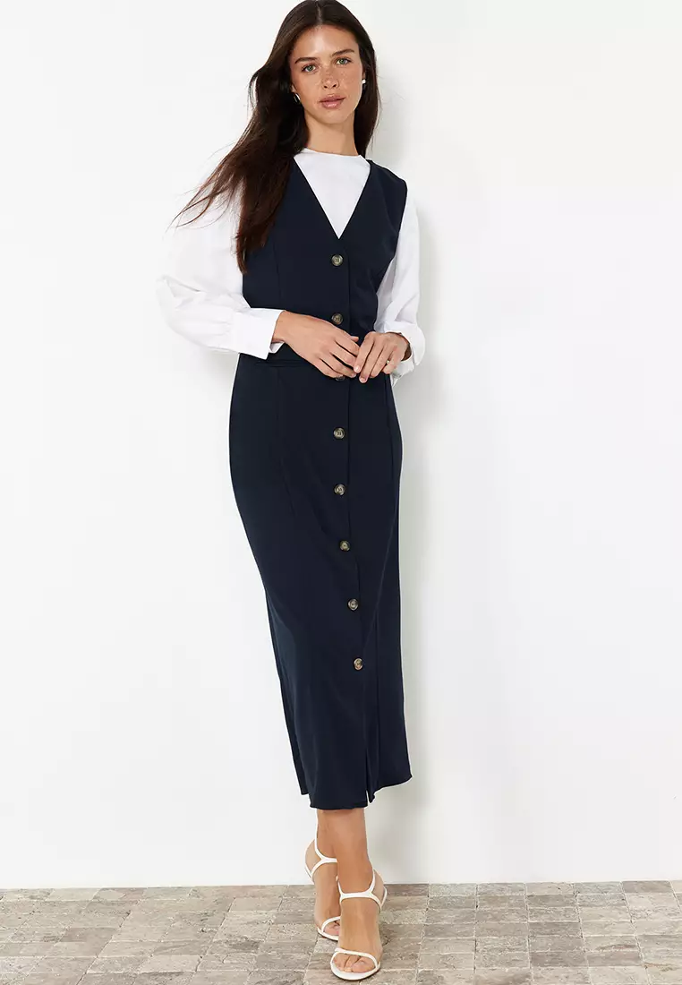 Navy Blue Woven Fabric Gilet Dress Tctss24Eb00202