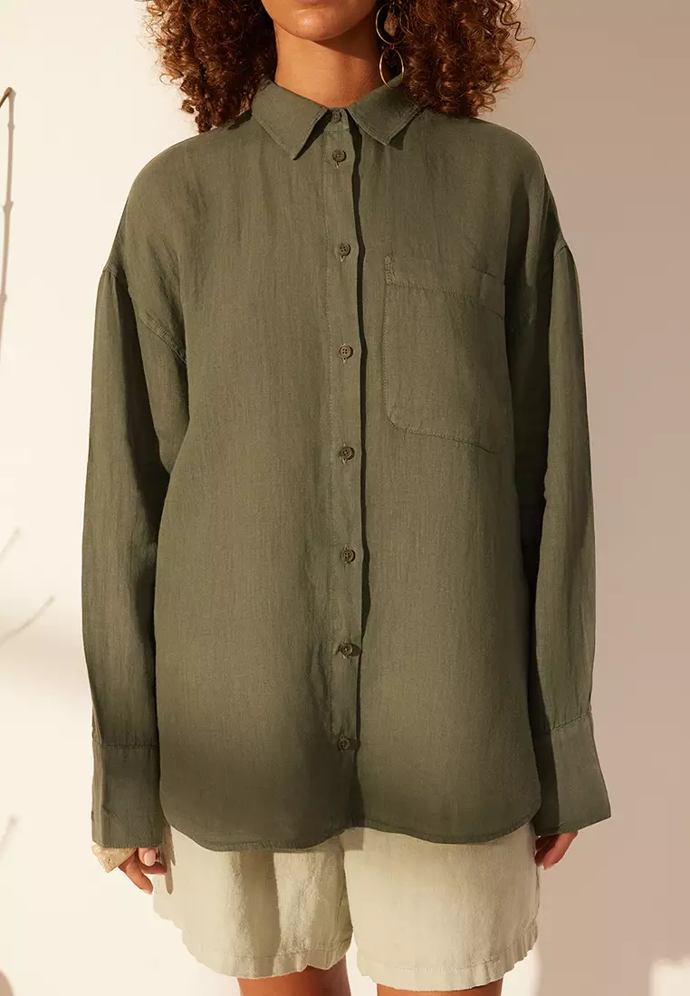 Green 1% Linen Pocket Detailed Oversized Shirt Twoss26Go39