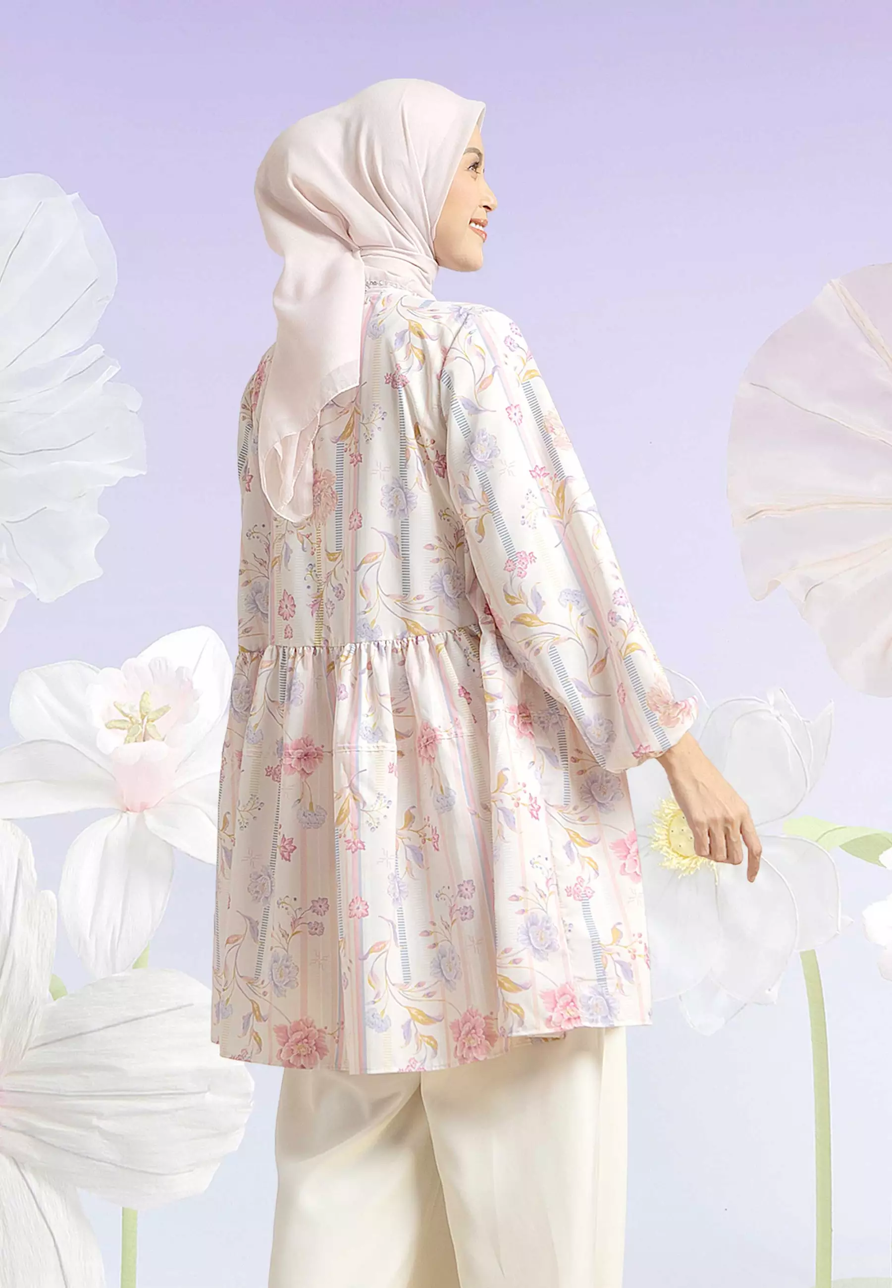 HijabChic Melissa Creme Pink Top - Baju Katun Premium Lembut Motif Bunga Cantik Layer Kerut Busui