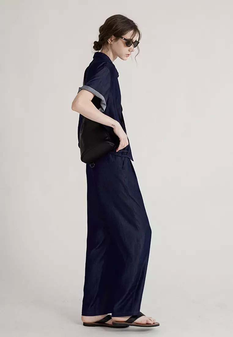 Retro denim loose pants short sleeved shirt set CA24092310BK2