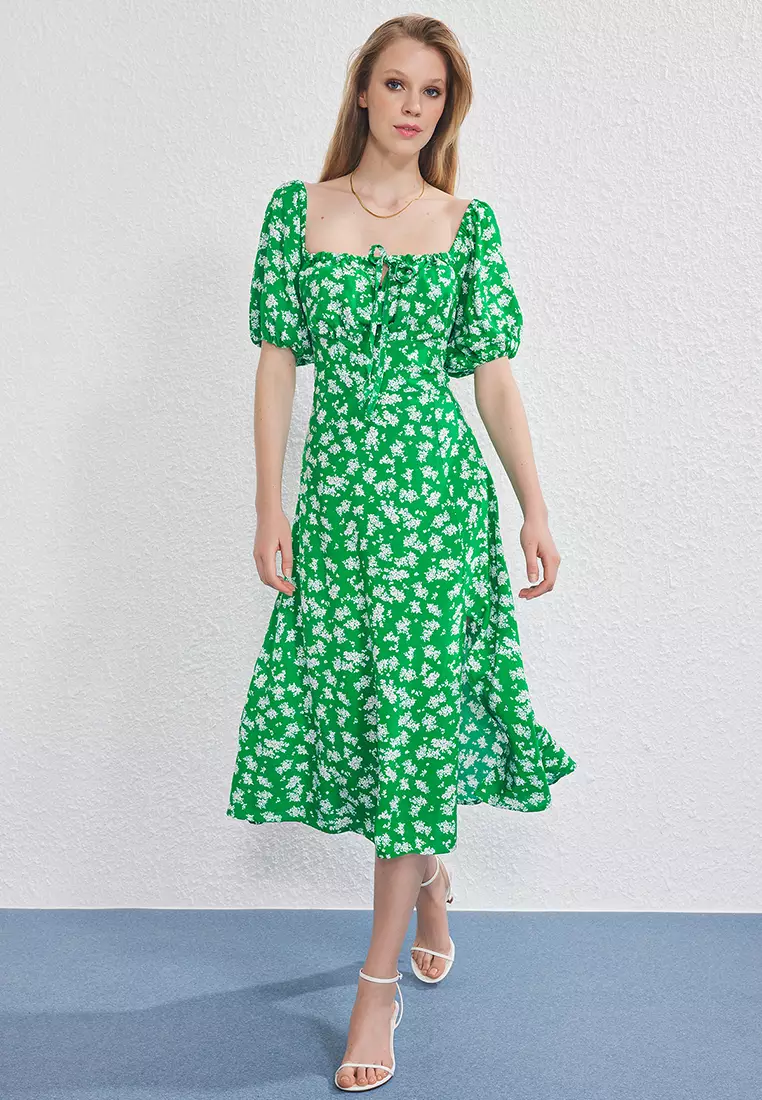 Green Floral Midi Woven Dress TWOSS25EL00763