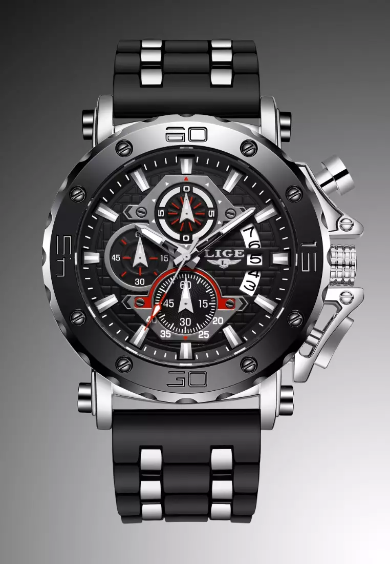 Chronograph Unisex Stainless Steel Quartz Watch, Black Bezel, Black dial, Rubber and Metal Strap