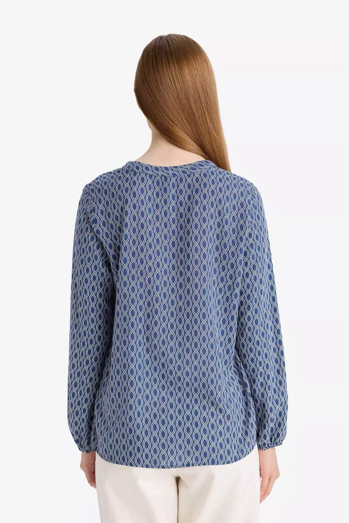 Regular Fit Lace-Up Collar Patterned Long Sleeve Blouse N1809Az25Sp