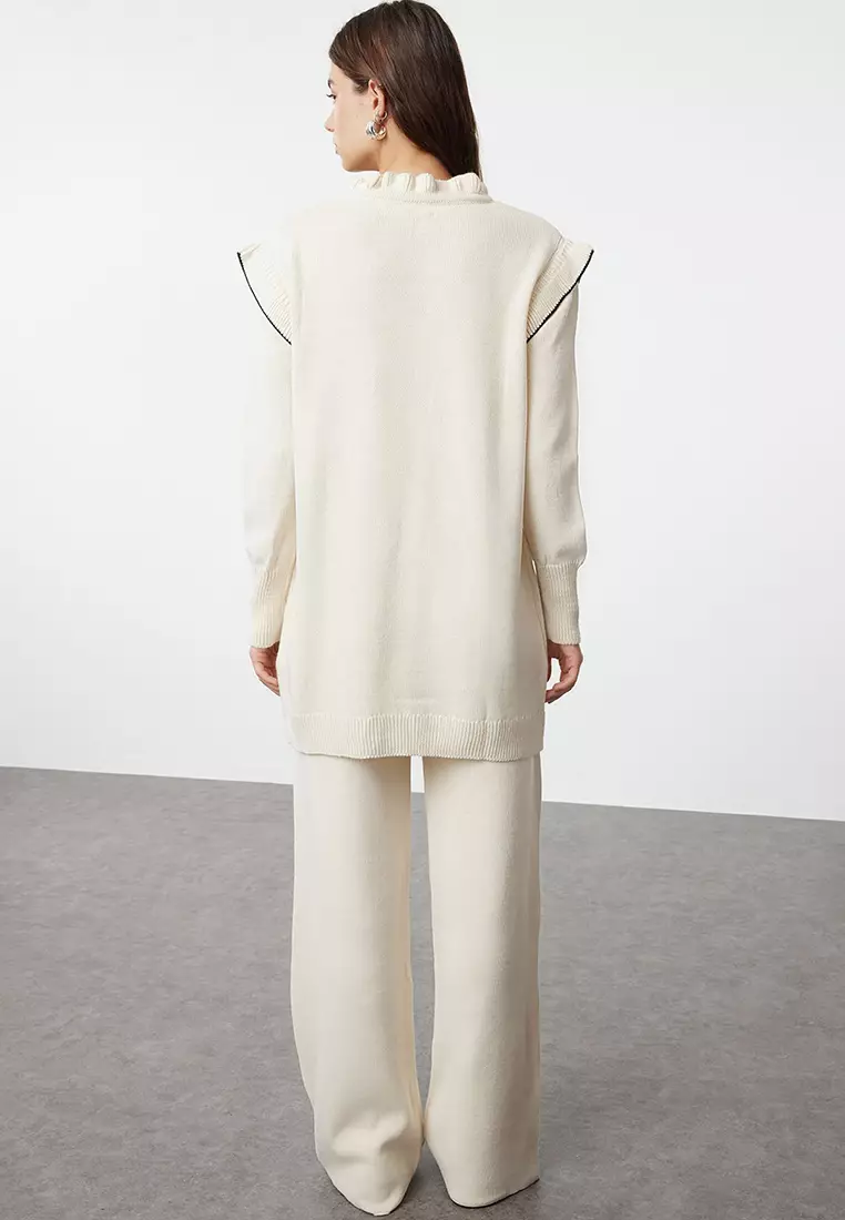 Ecru Black Piping Collar Detailed Knitwear Bottom-Top Set TCTAW25US00006