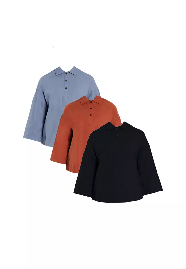 Forest Ladies Cotton Linen 3/4 Sleeve Collar Blouse Women Shirt | Baju Kemeja Perempuan Lengan Panjang - 822474-01Black