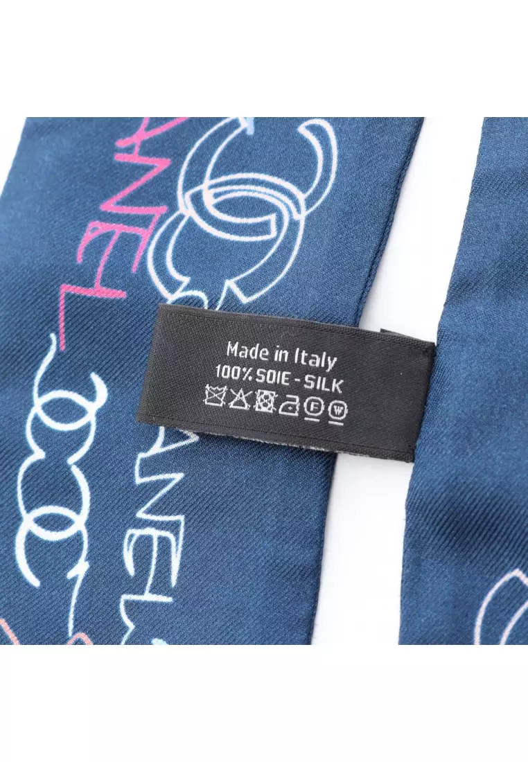 Pre-Loved Chanel coco mark all-over pattern scarf silk Navy multicolor