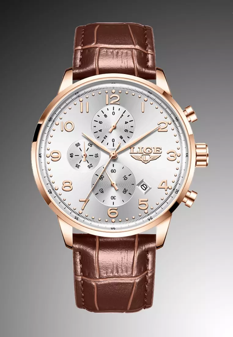 Chronograph Unisex Rose Gold Colored Quartz Watch 43mm, Silver Dial, Brown Leather Strap