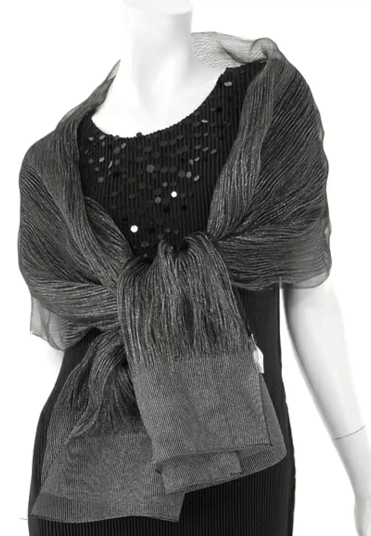 Aksesoris Syal Pesta Wanita Metallic Stripes Embellish 100% Silk Shawl Syal Sutra Wanita Evening Shawl Black & Silver