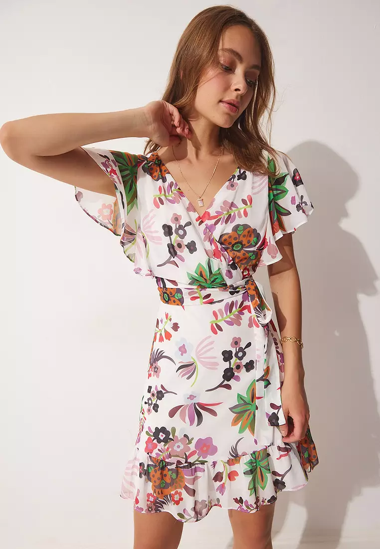 White chiffon wrap dress online