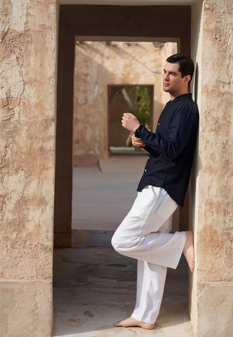 Black Sea Kemeja Linen Lengan Panjang Pria Hitam | Linen Long Sleeve Shirt Men Black