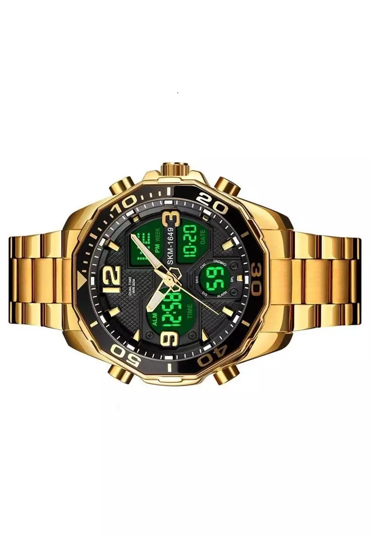 Jam Tangan Analog Digital Pria Design Elegan Water Resistant 30m Material Strap Tali Stainless Steel HK16 ORIGINAL