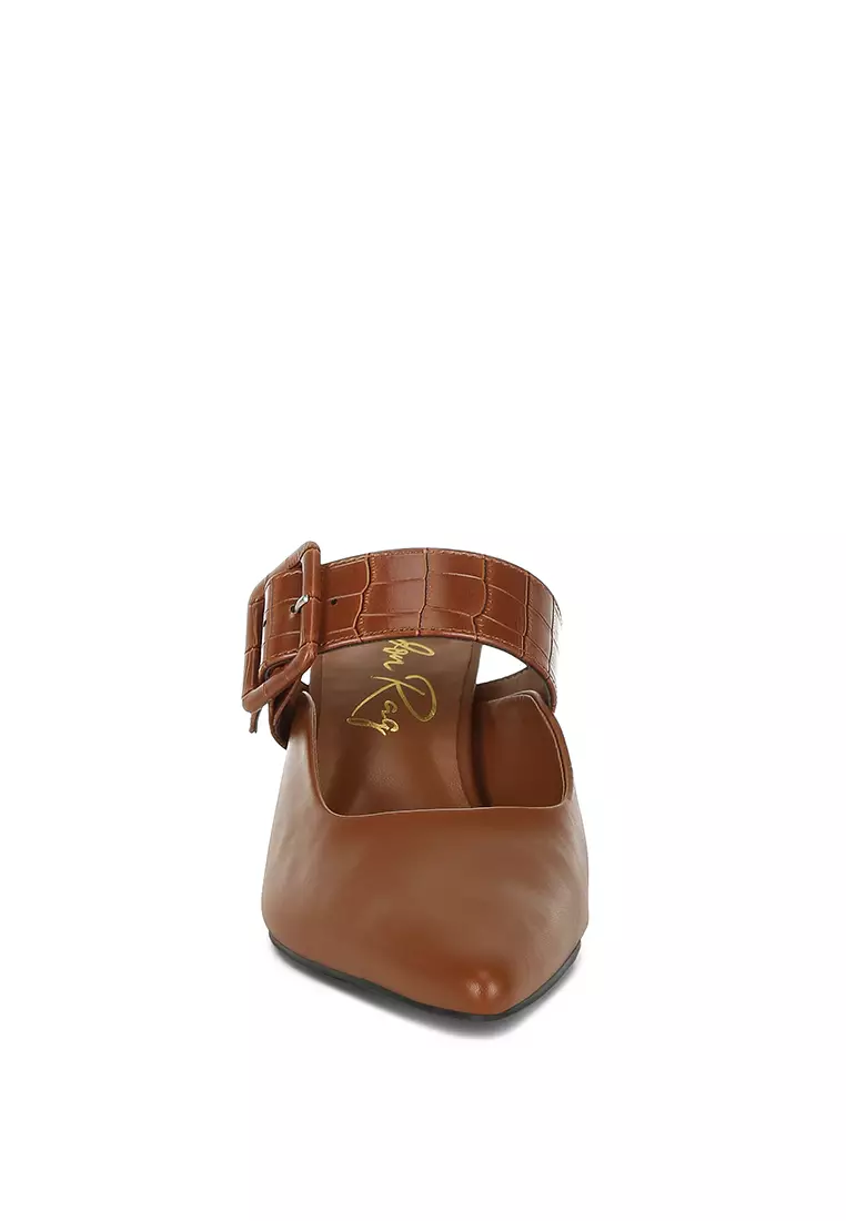 Tan Block Heel Mules