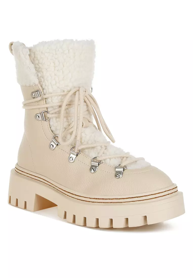 Fleece & Faux Leather Boots in Off White