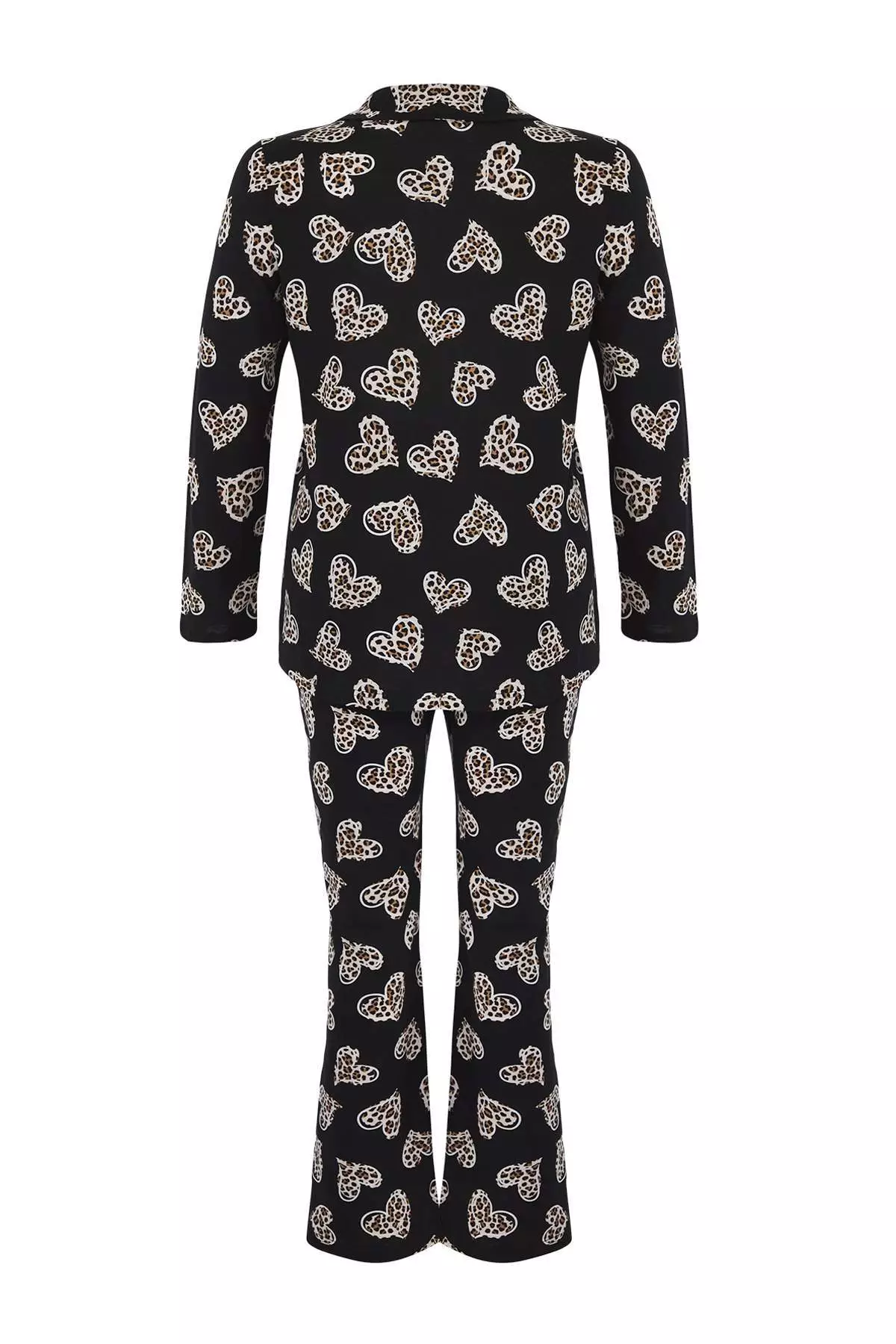 Black 100% Cotton Heart & Leopard Patterned Shirt-Pants Knitted Pajama Set Tbbaw26Ai00017