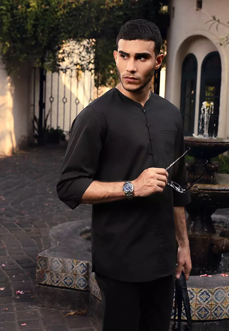 OXCON kemeja Vneck Henley Collarless shirt Black