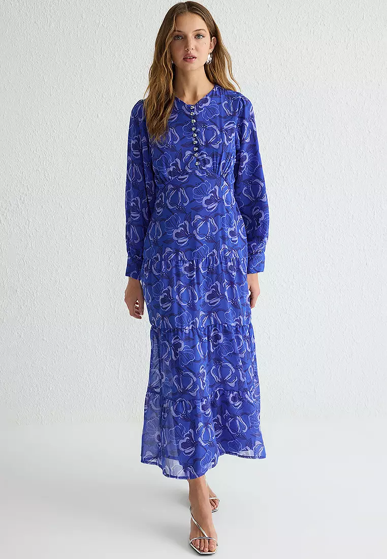 Floral Patterned Slim Fit Lined Elastic Back Chiffon Woven Dress