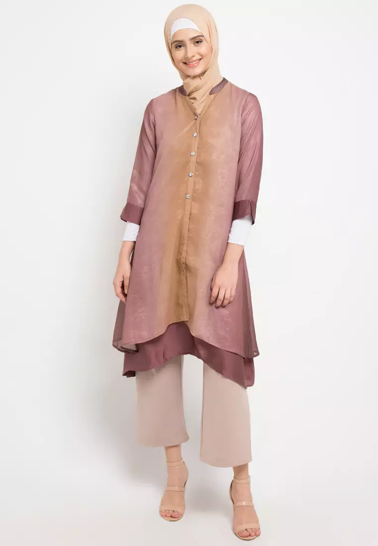 Aliza Assymetrical Tunic In Mauve Beige Glitter