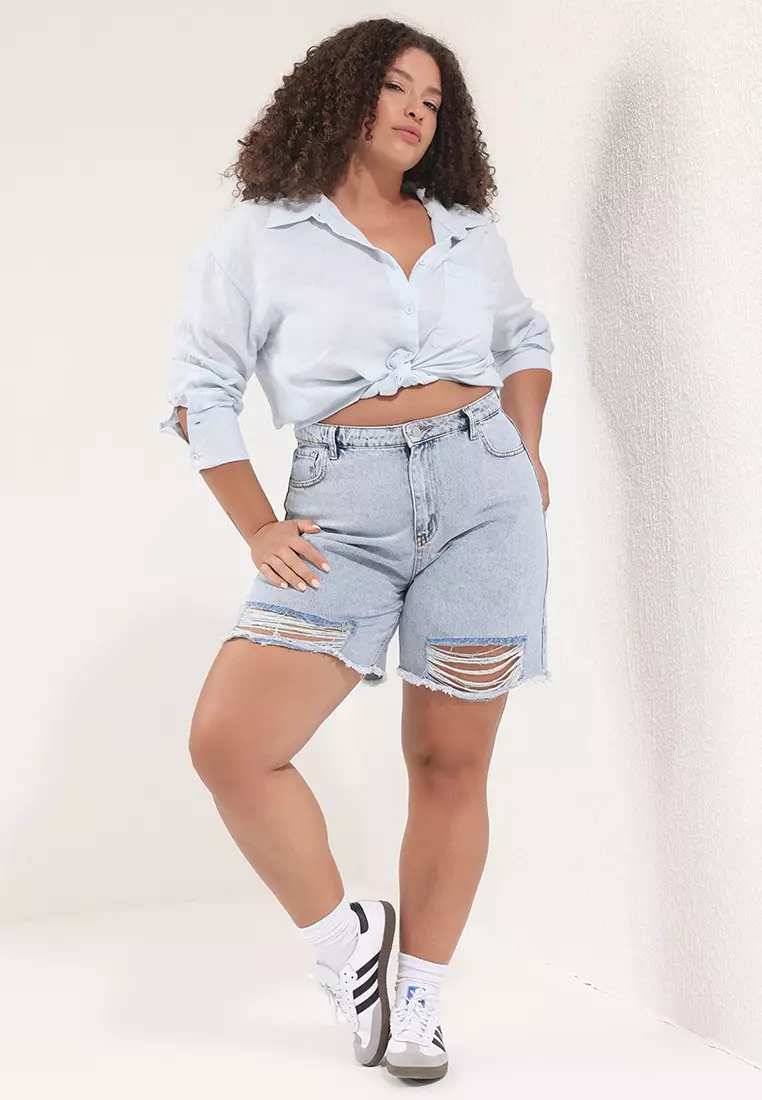 Blue Ripped High Waist Plus Size Denim Shorts TBBSS25AP00034