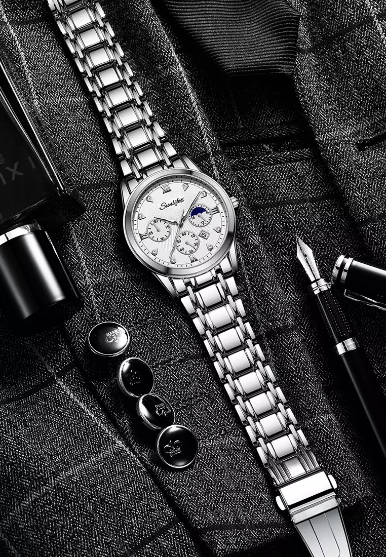 Jam Tangan Pria Original 9004A Kuarsa Calendar Tali Stainless Steel Mode Santai Jam Tangan Cowok silver