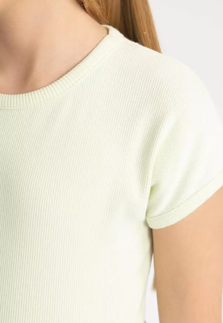 Slim Fit Slim Cut Crew Neck Basic Plain Ribbed Camisole Short Sleeve T-Shirt