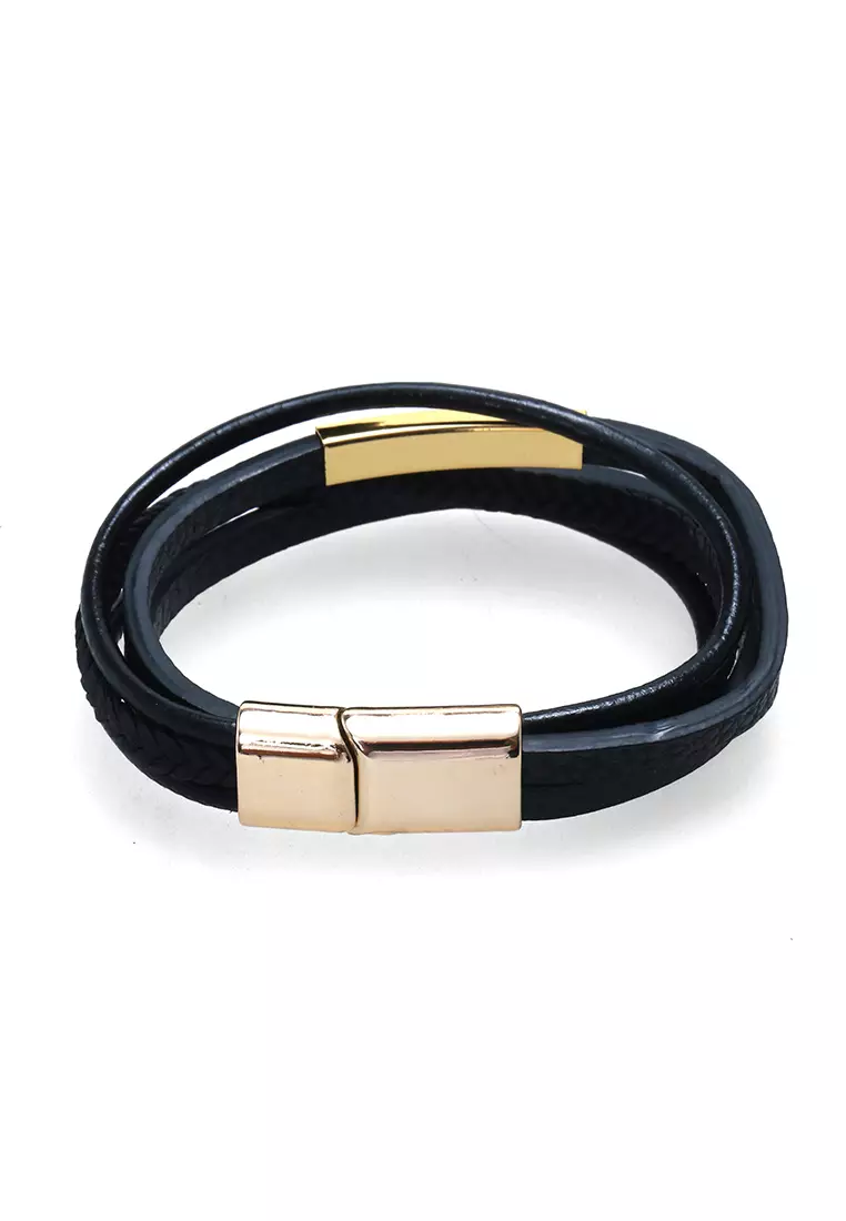 Aleda Gelang Kasual Pria Wanita Aksesoris Fashion Adjustable Desain Mix Kepang Strap Material Leather ORIGINAL - Gold