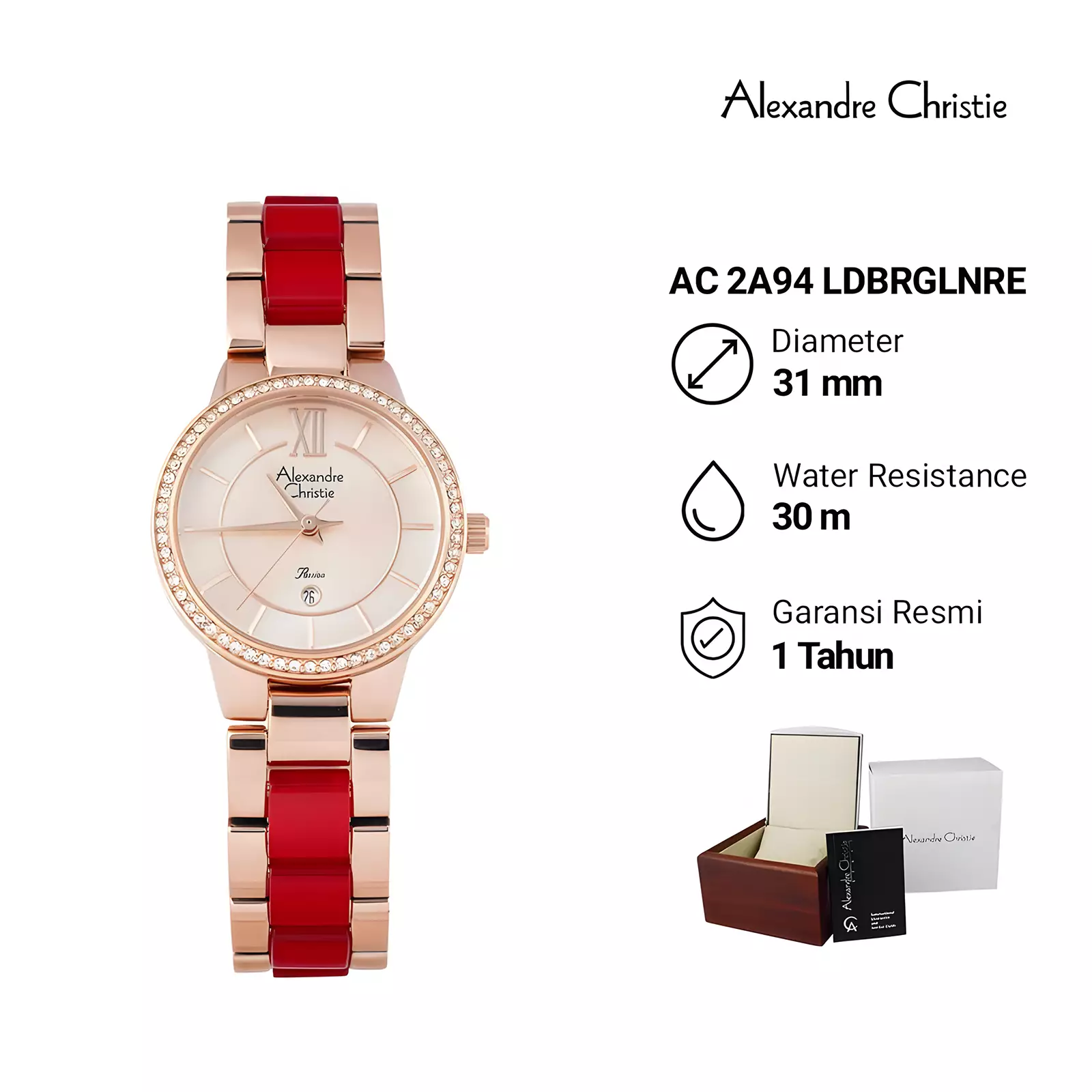 Alexandre Christie Passion Series - Jam Tangan Analog Wanita - Rose Gold Red - Stainless Steel - 2A94 LDBRGLNRE