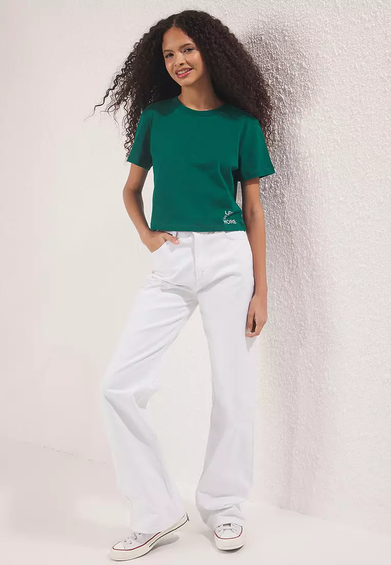 Emerald Green Slogan Printed Regular/Normal Pattern Knitted T-Shirt Twoss23Ts00125