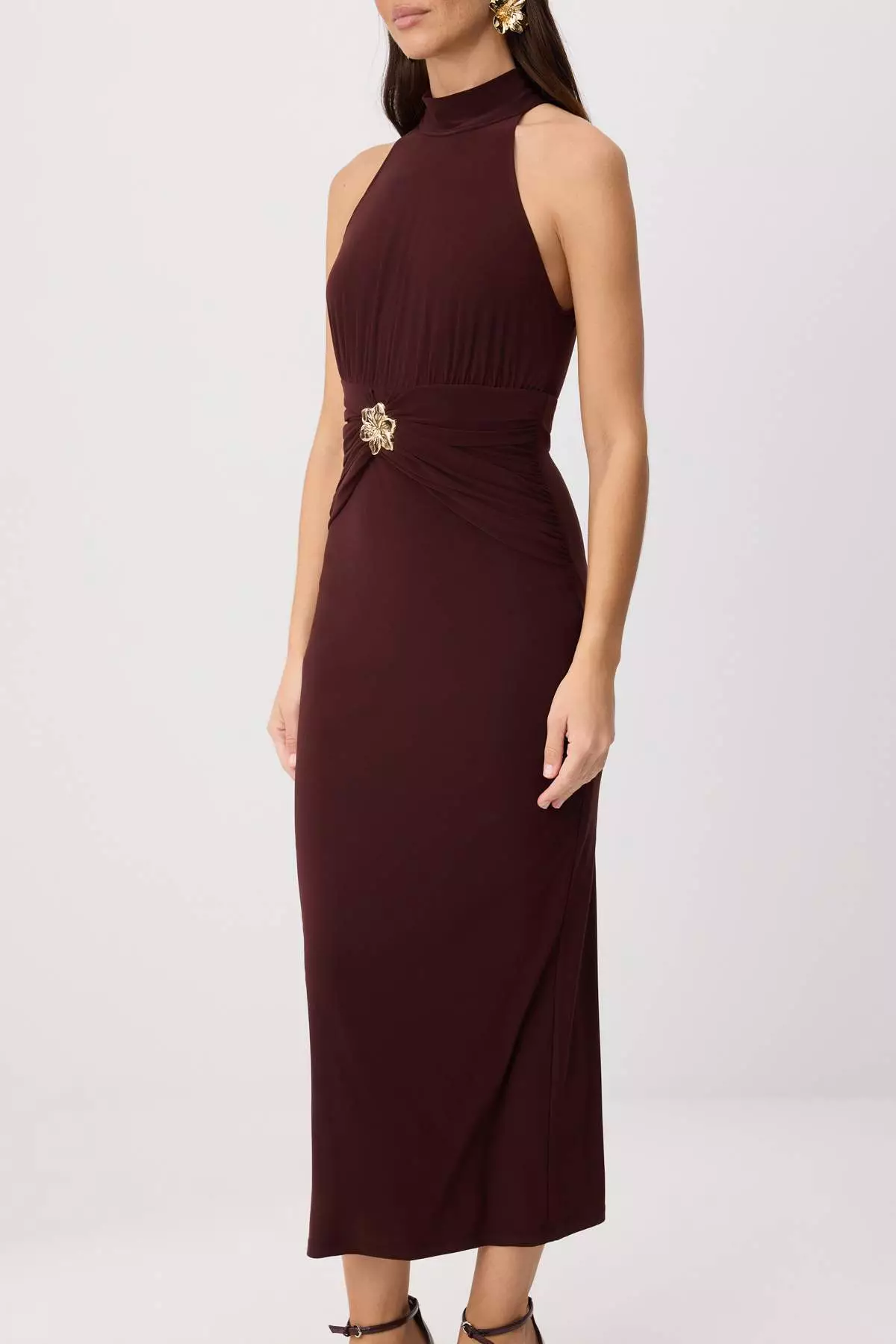 Brown Bodycon Halter Neck Sleeveless Accessory Detailed Midi Stretchy Knitted Dress Twoss26El00267
