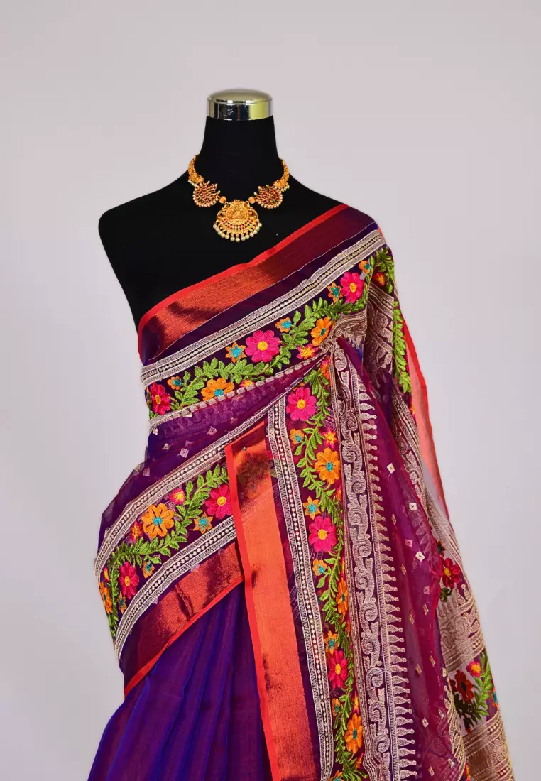 Teal-Black Handloom Silk Cotton Floral Pallu Bengal Saree