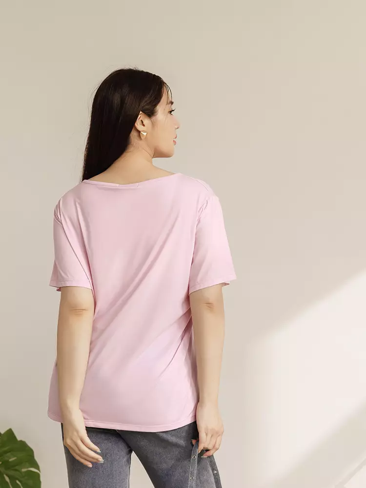 雲朵自訂款-涼感．冰牛奶絲蝴蝶結開衩長版T恤上衣《AB19580》