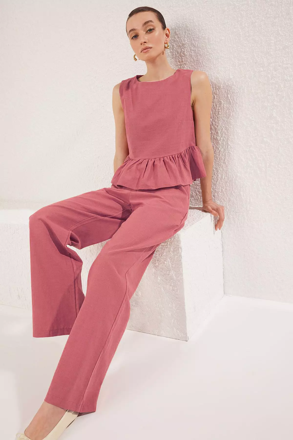Pink Linen Look Crew Neck Blouse and Trousers Woven Double Bottom-Top Set TWOSS25AU00081