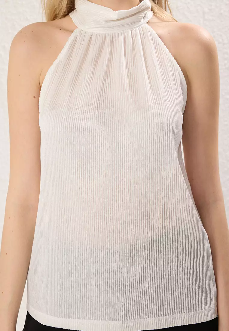 Ecru Regular/Normal Pattern Stand Collar Fit Pleated Flexible Knitted Blouse TWOSS23BZ00952
