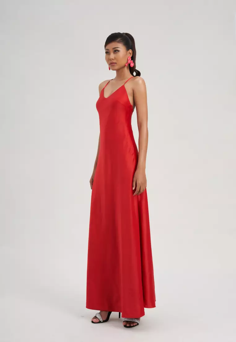 SOLID RED SILK MAXI DRESS