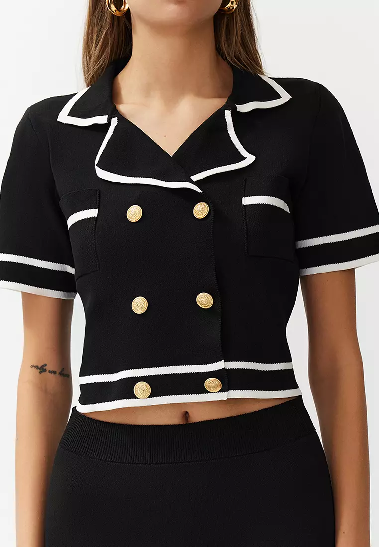 Black Jacket/Skirt Knitwear Top and Bottom Set TWOSS24AU00093